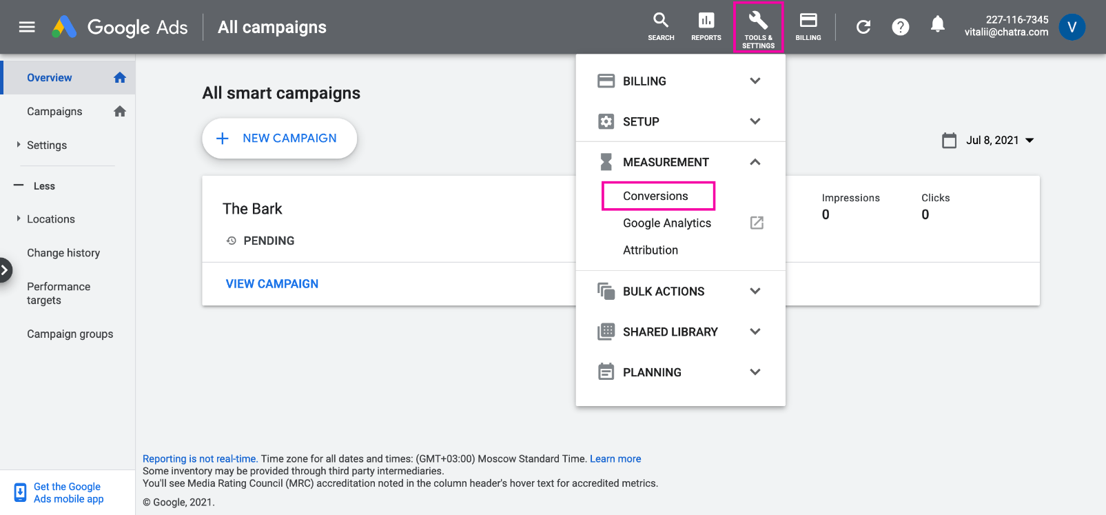 Скриншот перехода в раздел «Conversions»