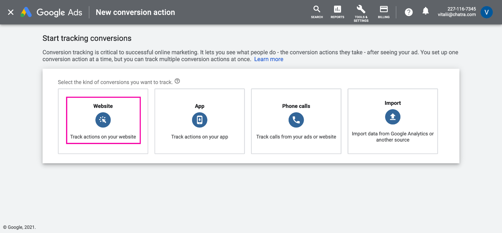 Скриншот выбора типа конверсии в Google Ads