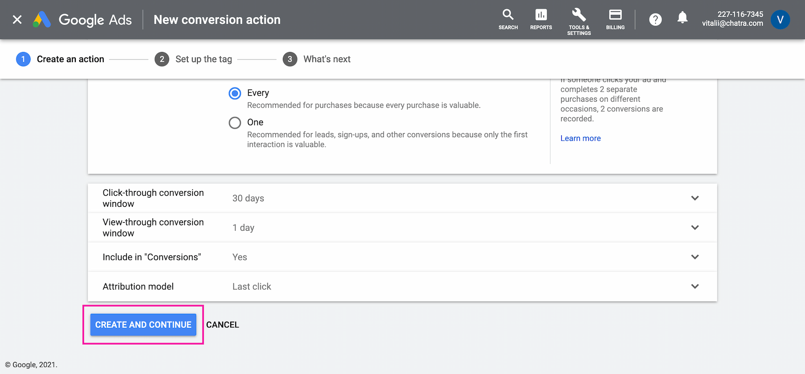 Скриншот создания конверсии в Google Ads
