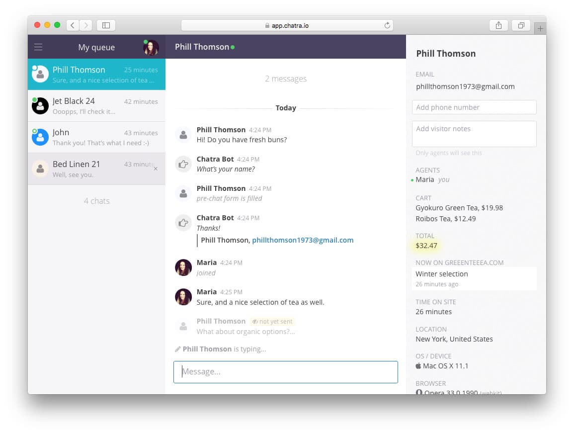Пример чата с покупателем с отбражением содержимого его корзины