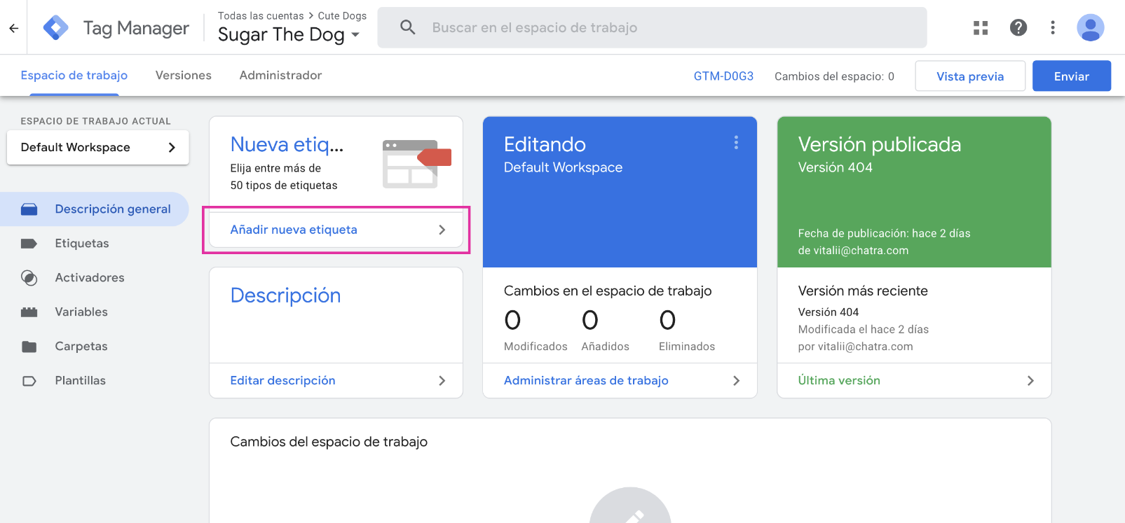 Captura de pantalla panel de control GTM: cómo agregar una nueva etiqueta