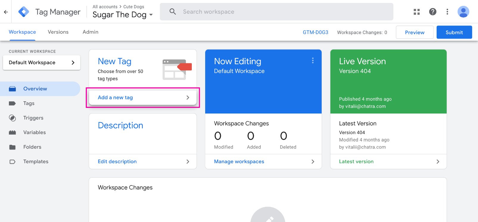 Снимок панели управления GTM: как добавить новый тэг