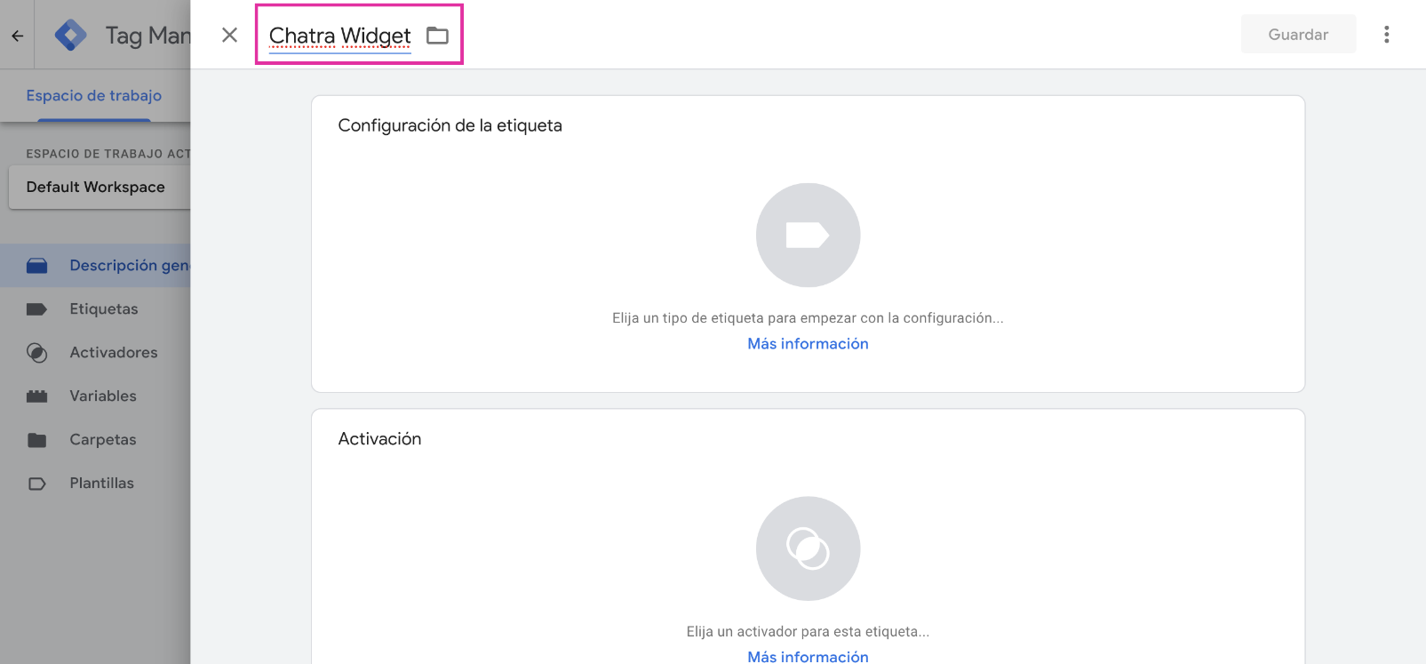 Captura de pantalla panel de control GTM: como configurar la etiqueta Chatra
