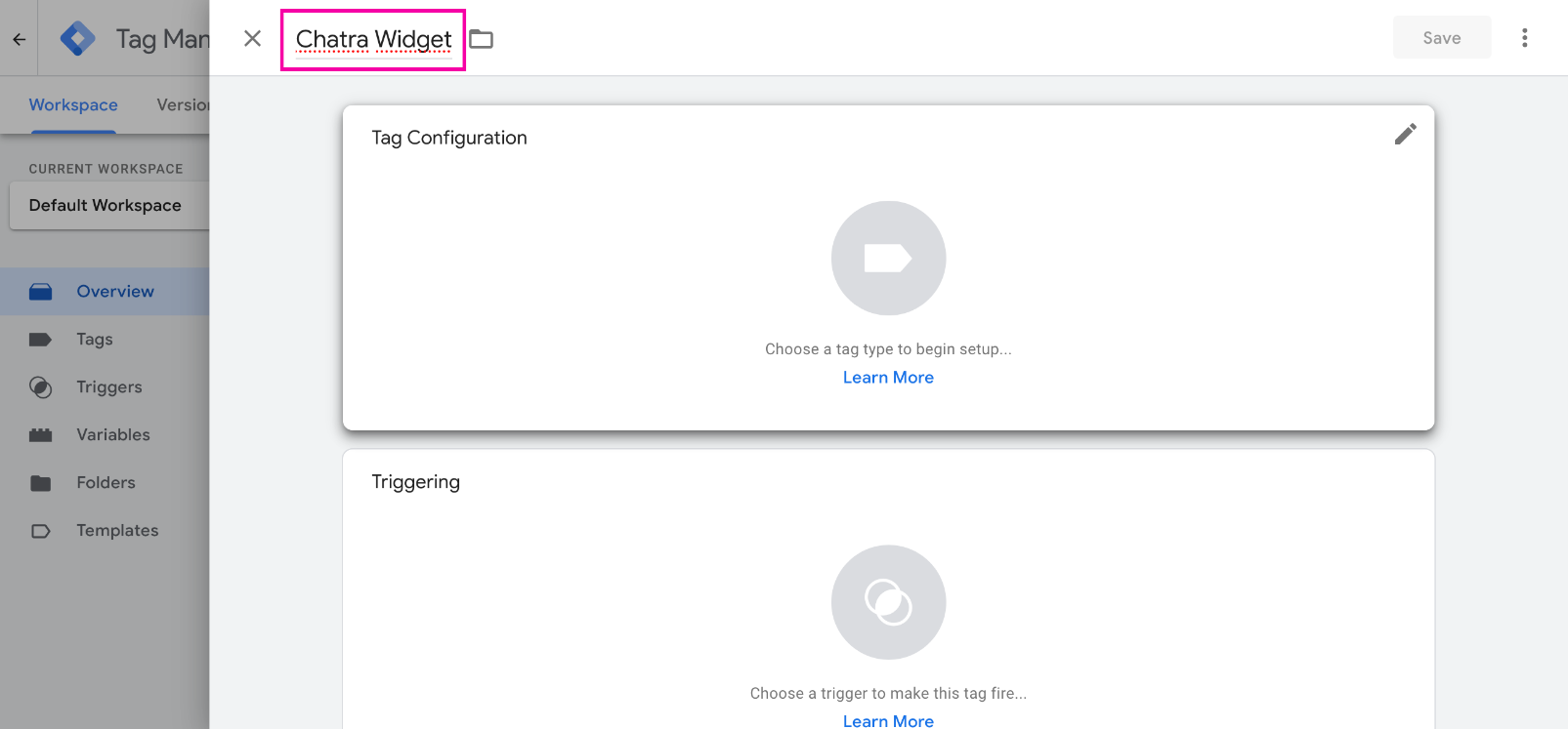 Снимок панели управления GTM: как установить тэг с Чатрой