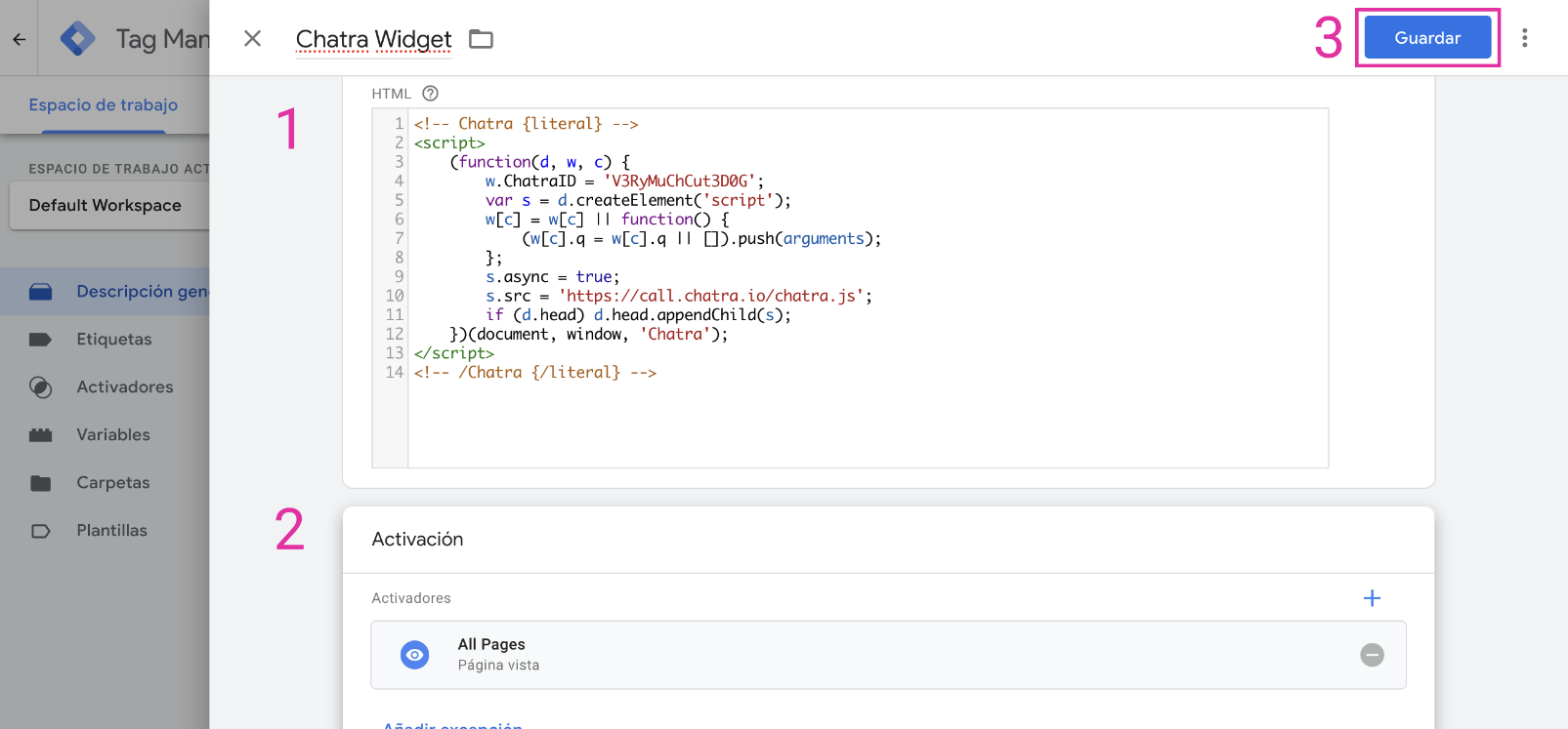 Captura de pantalla panel de control GTM: guardar tu nueva etiqueta