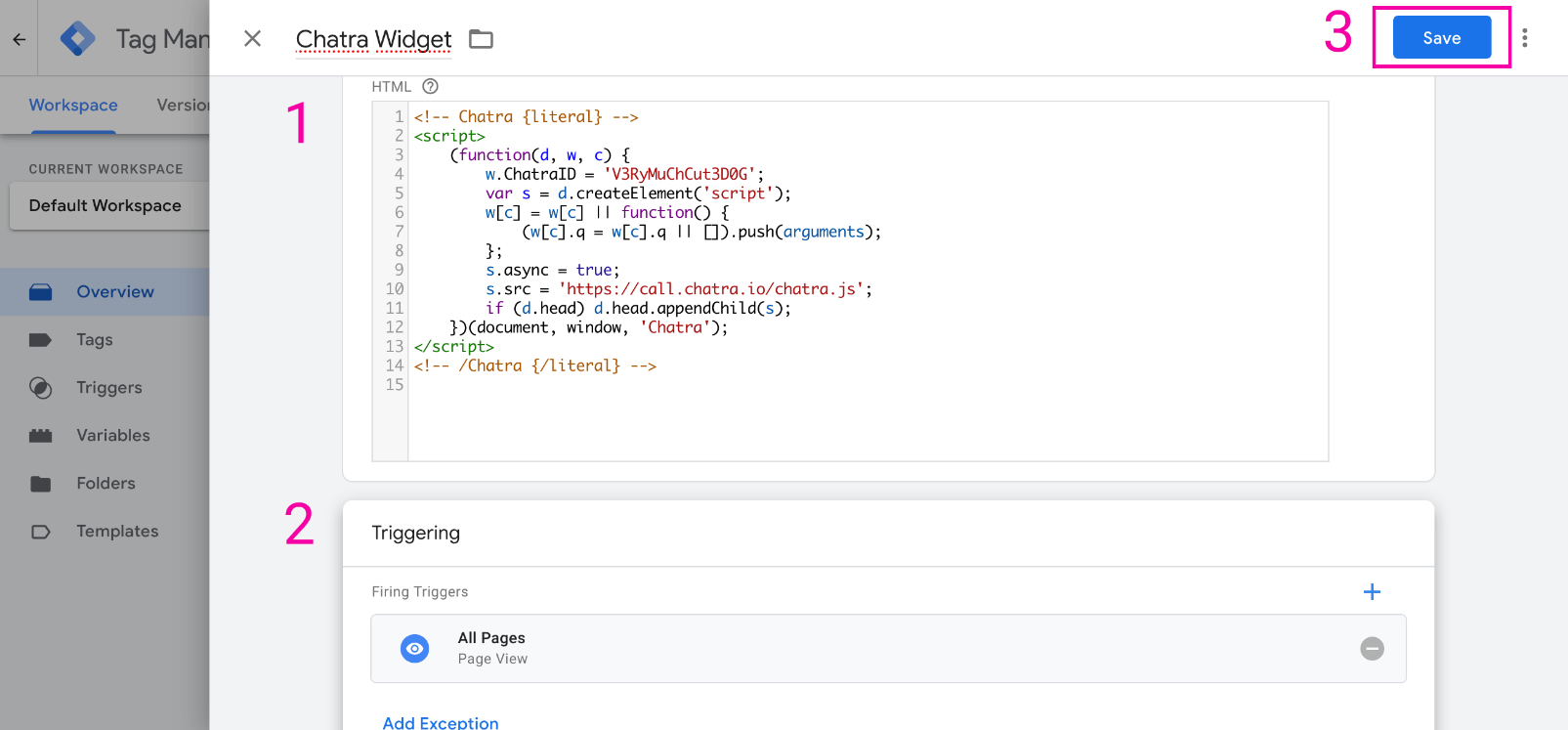 Снимок панели управления GTM: сохранение нового тэга