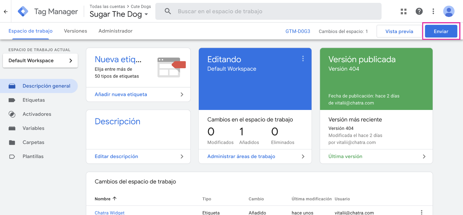 Captura de pantalla panel de control GTM: publicación de una nueva versión
