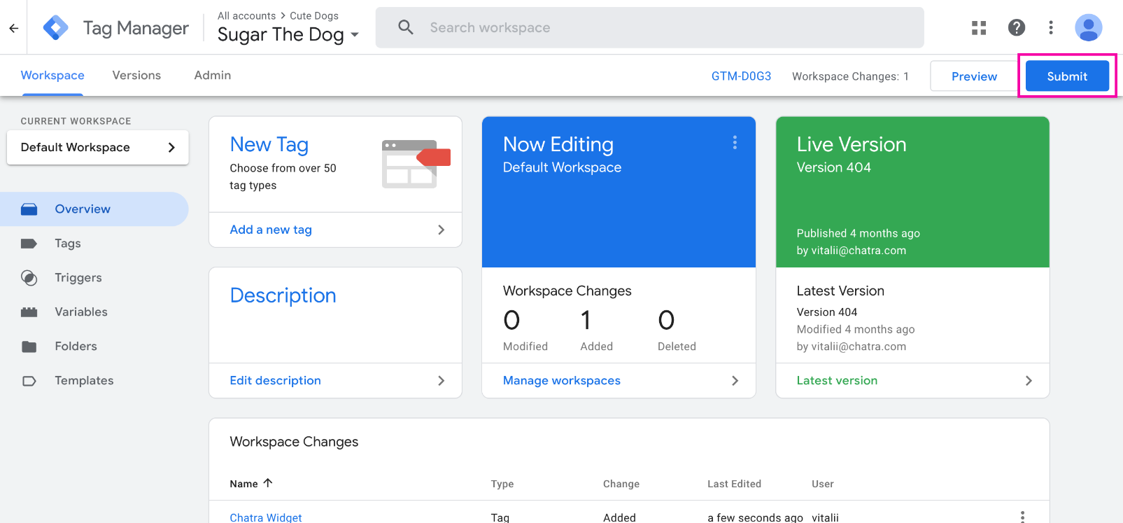 Снимок панели управления GTM: публикация новой версии
