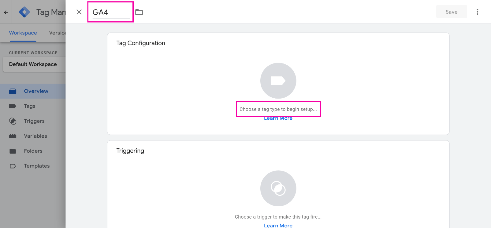 Снимок панели управления GTM: как добавить новый тэг
