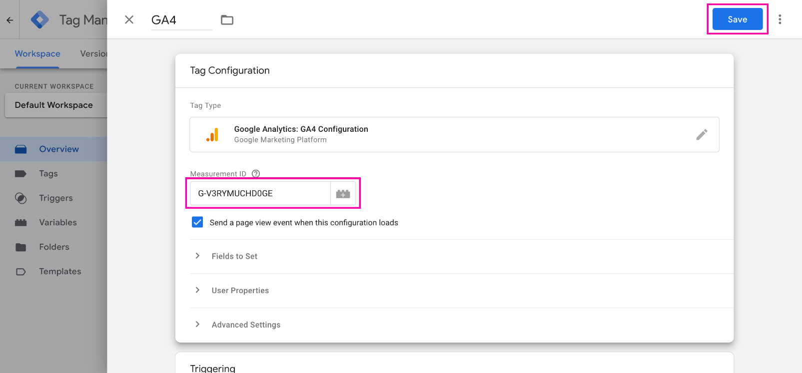 Снимок панели управления GTM: добавляем Google Analytics 4