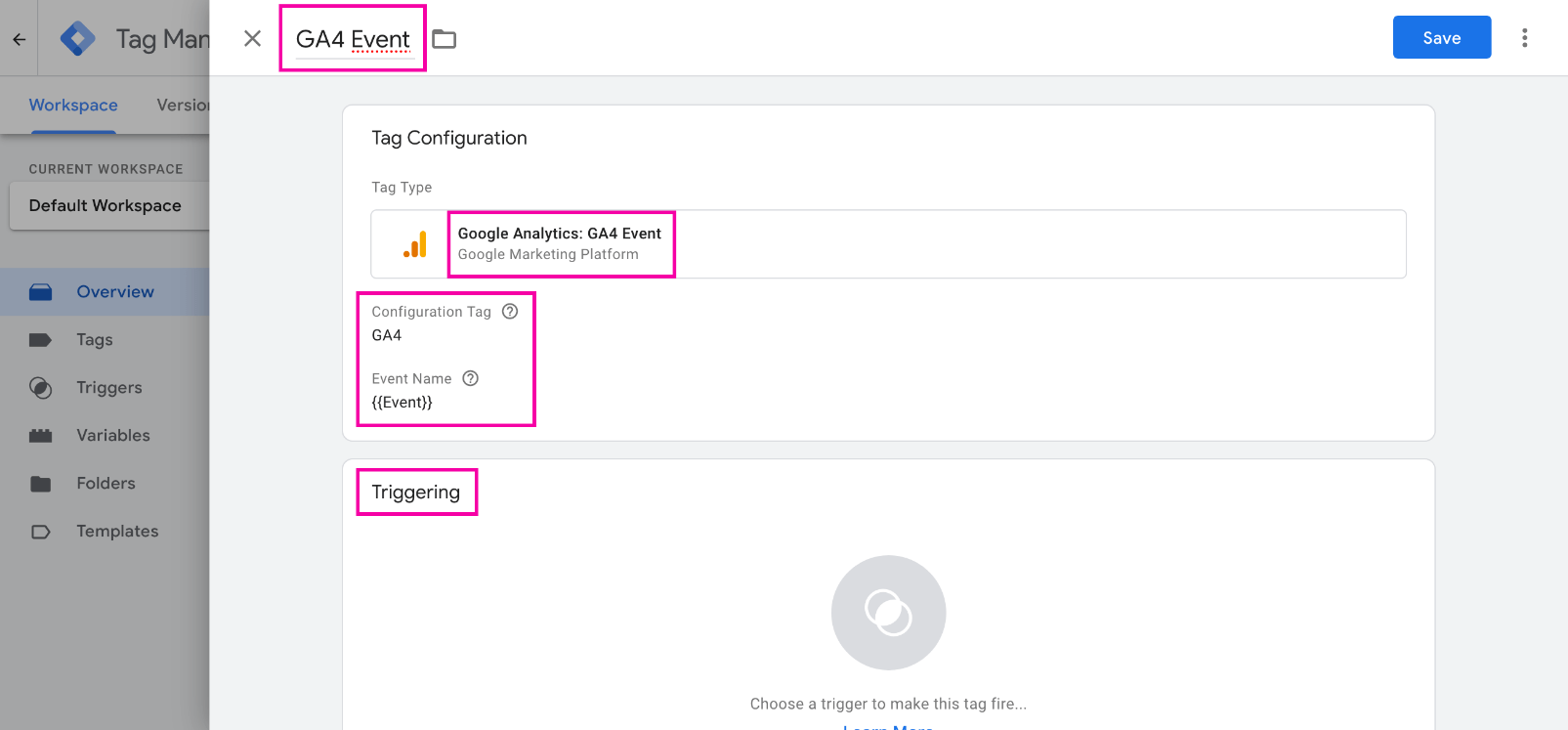 Снимок панели управления GTM: отправка событий Google Analytics 4