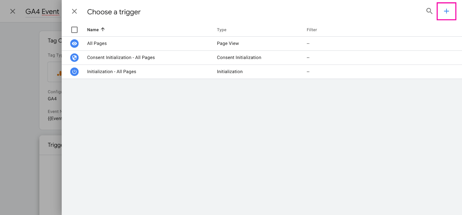 Снимок панели управления GTM: создание нового триггера для GA4