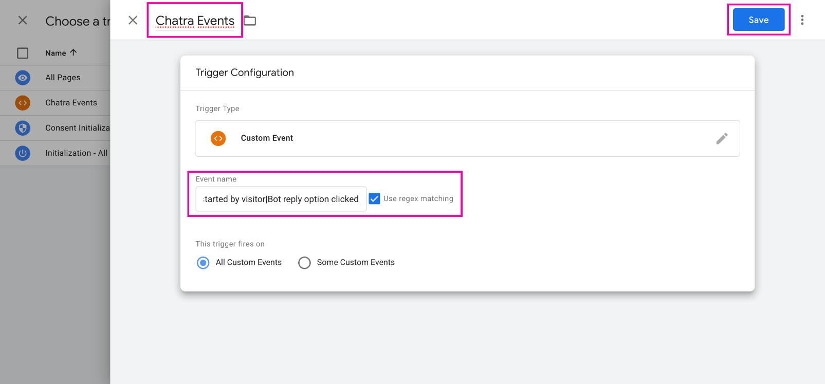 Снимок панели управления GTM: триггера событий Чатры для GA4