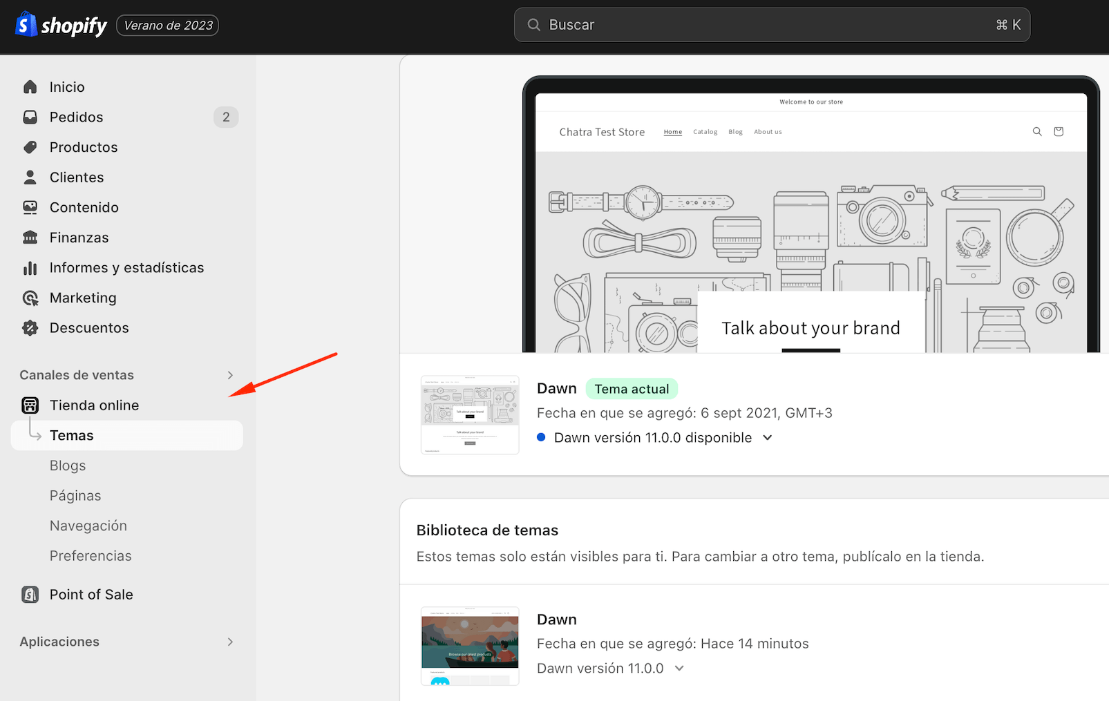 Panel de administrador Shopify