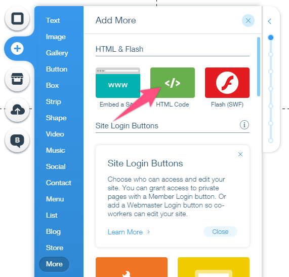 Captura de pantalla del editor de sitios web Wix: agregar el bloque de código HTML
