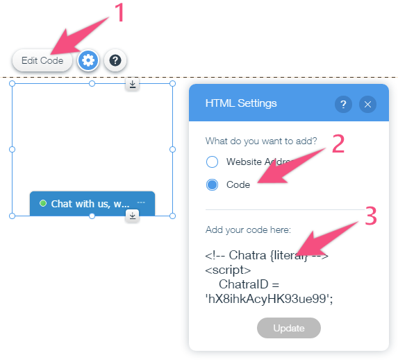 Captura de pantalla del editor de sitios web Wix: entrada de código HTML