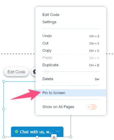 Captura de pantalla del editor de sitios web Wix: fijar el bloque a la pantalla