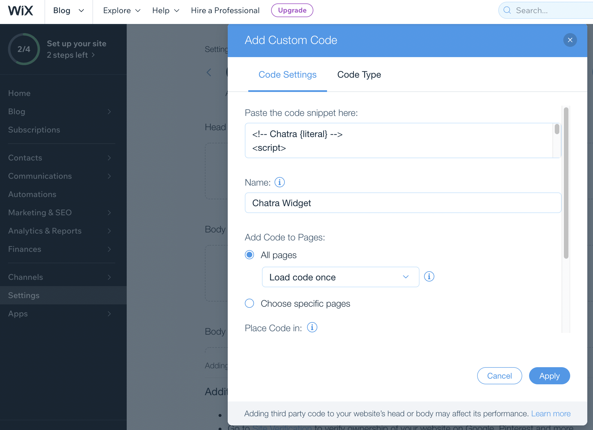 Wix site editor screenshot: 'Paste the code snipped here' block