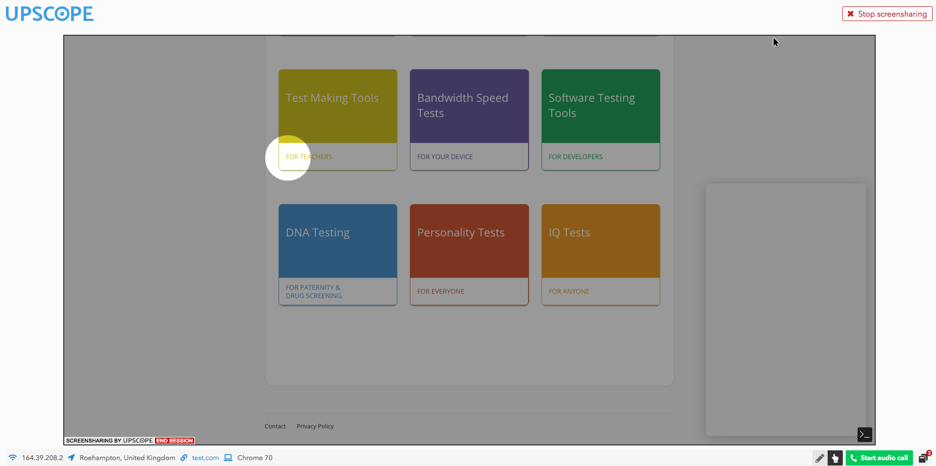 Upscope co-browsing screen